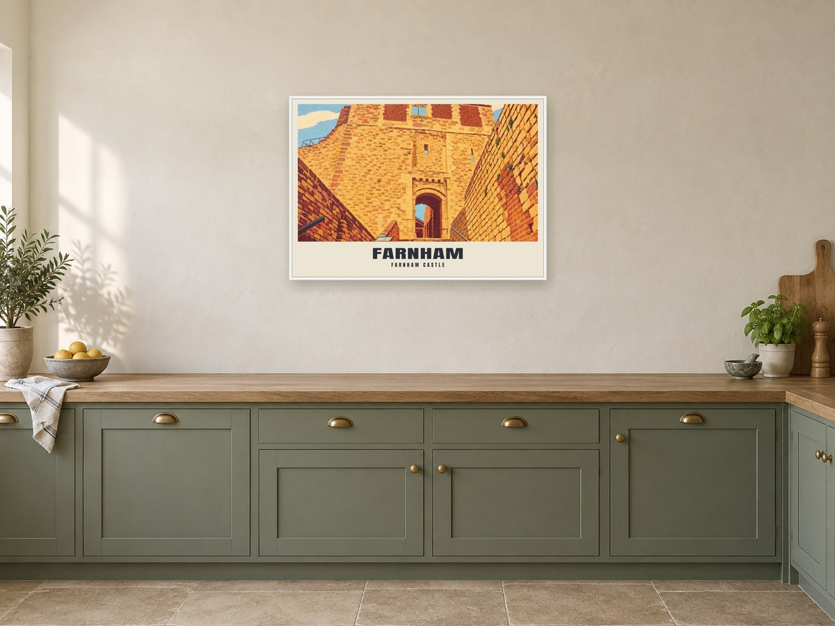Farnham Castle Poster at A1, in a white frame, in a kitchen