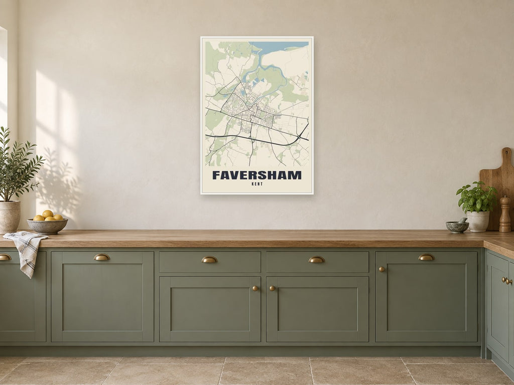 Faversham Street Map Poster at A1, in a white frame, in a kitchen