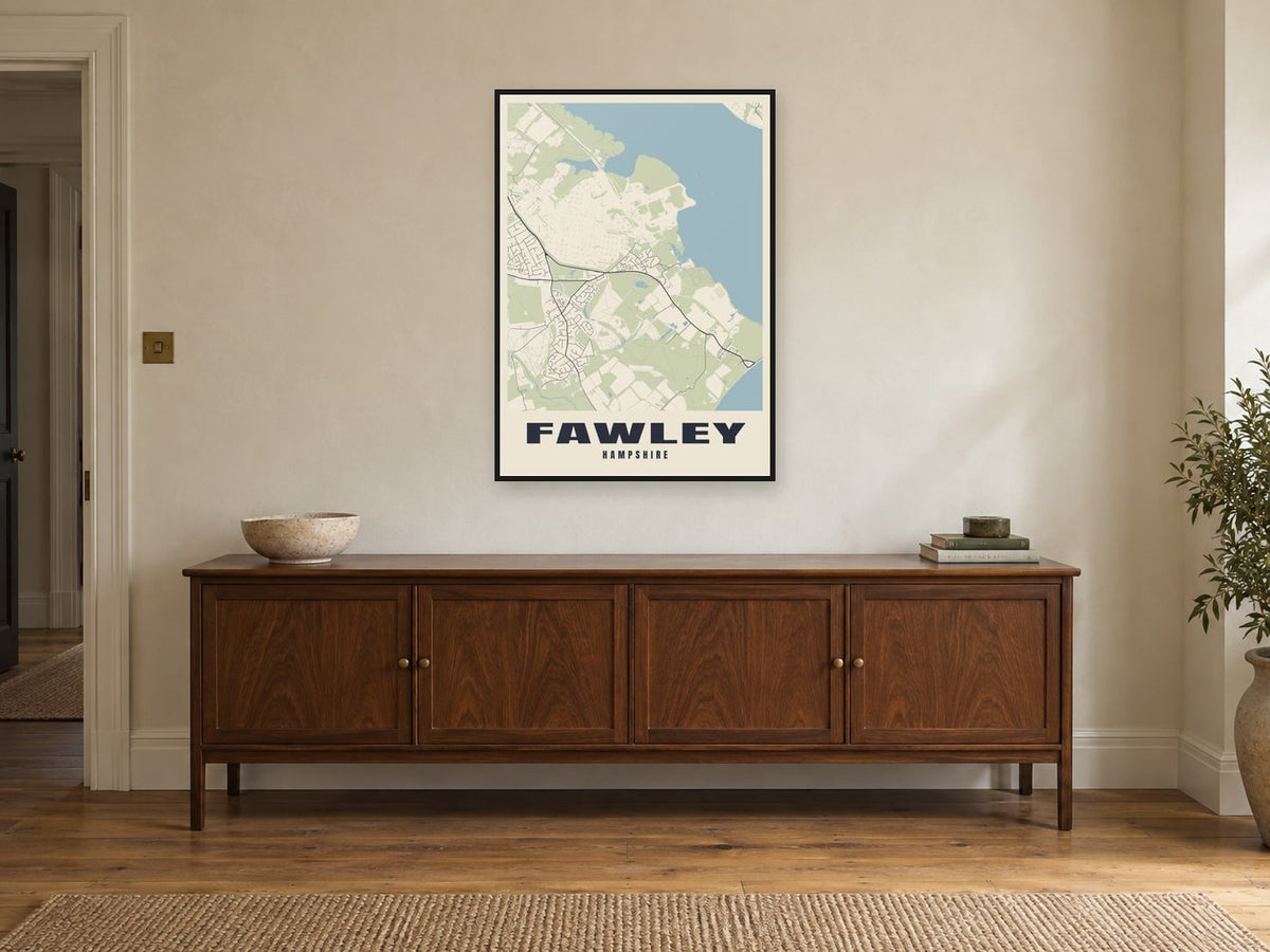 Fawley Street Map Poster at A1, in a black frame, above a sideboard