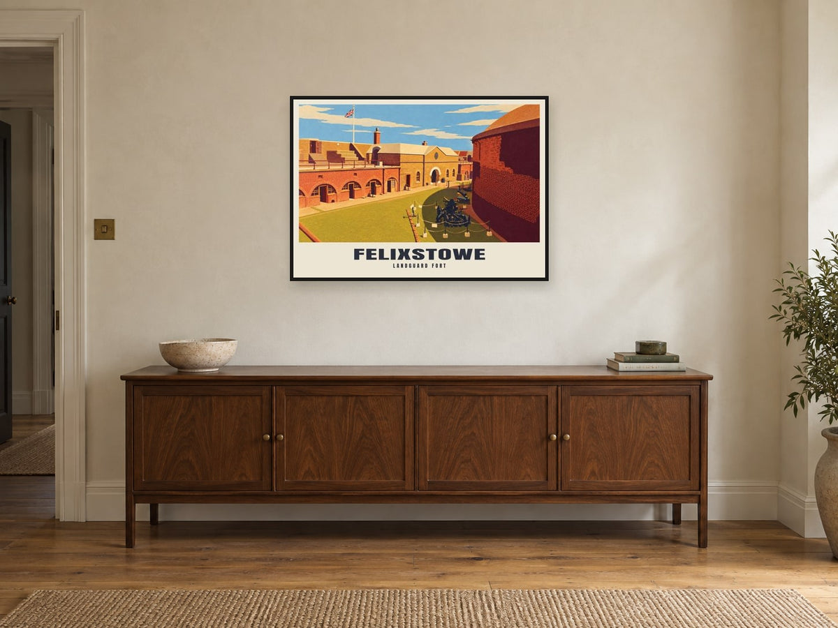 Landguard Fort, Felixstowe Poster at A1, in a black frame, above a sideboard