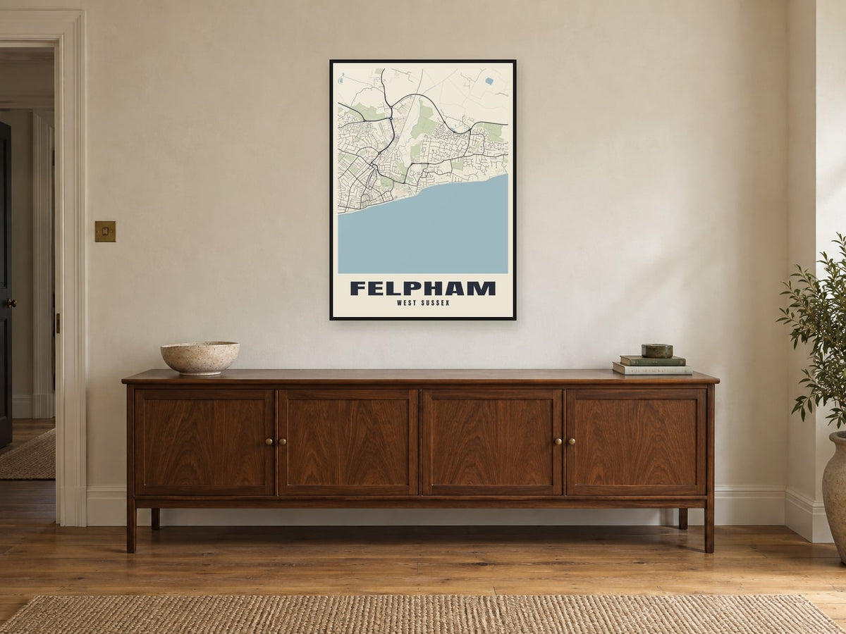 Felpham Street Map Poster at A1, in a black frame, above a sideboard