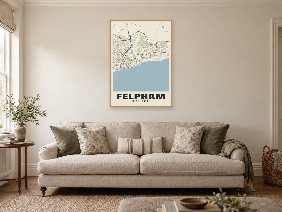 Felpham Street Map Poster at A1, in a natural wood frame, in a sitting room