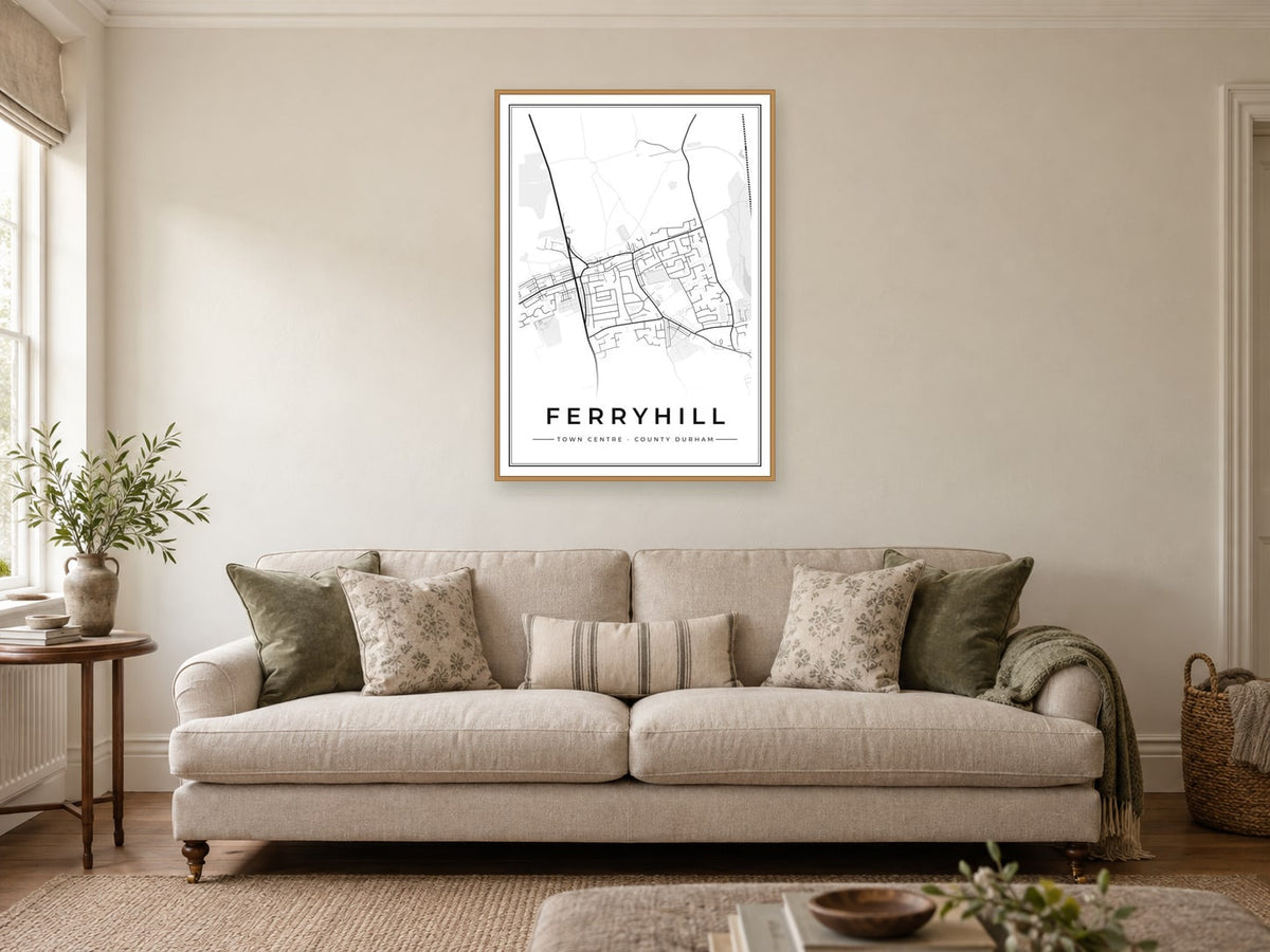 Ferryhill Town Centre Street Map Poster at A1, in a natural wood frame, in a sitting room
