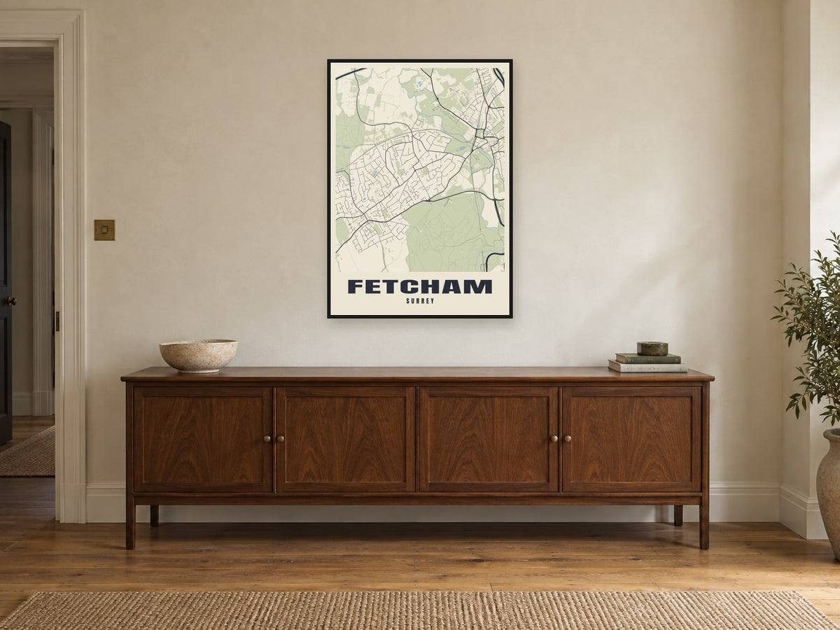 Fetcham Street Map Poster at A1, in a black frame, above a sideboard