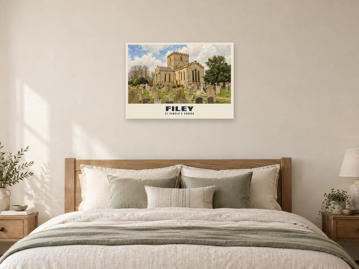St Oswald’s Church, Filey Poster at A1, as a poster, above a bed