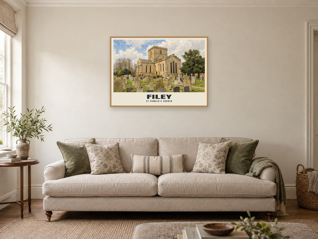 St Oswald’s Church, Filey Poster at A1, in a natural wood frame, in a sitting room