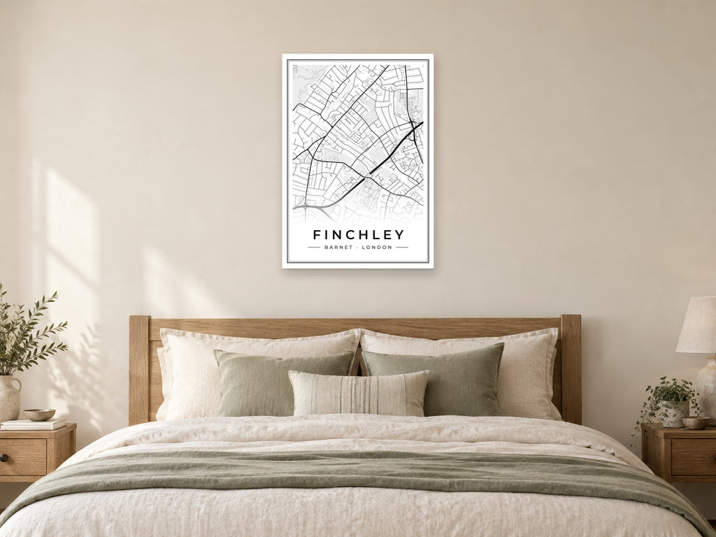 Finchley Street Map Poster at A1, as a poster, above a bed