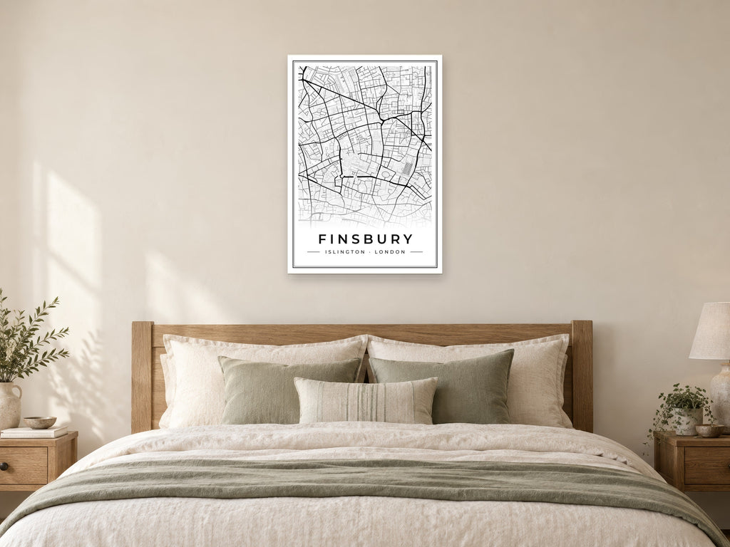 Finsbury Street Map Poster at A1, as a poster, above a bed
