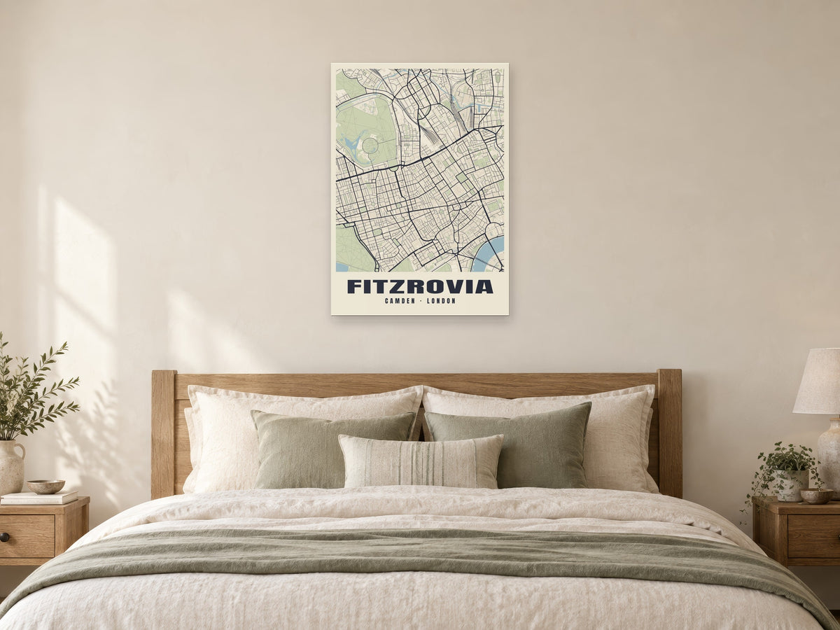 Fitzrovia Heritage Street Map Poster at A1, as a poster, above a bed