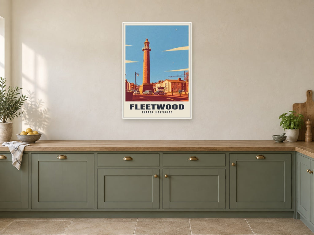 Pharos Lighthouse, Fleetwood Poster at A1, in a white frame, in a kitchen