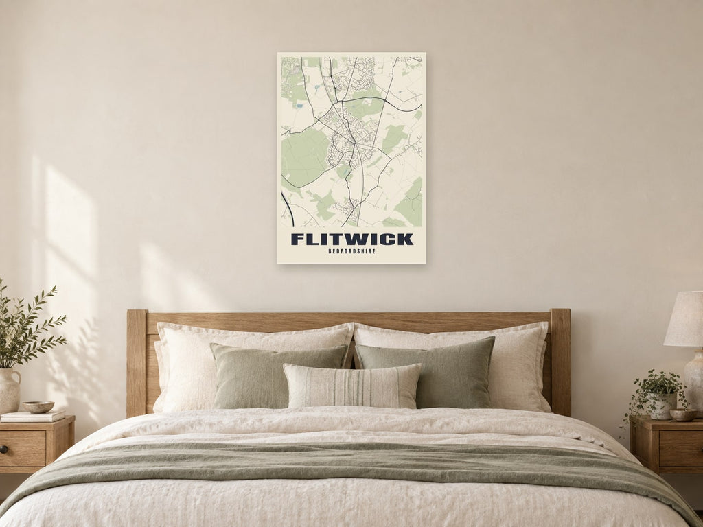 Flitwick Street Map Poster at A1, as a poster, above a bed
