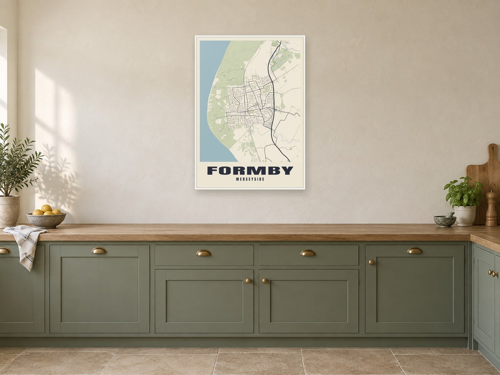Formby Street Map Poster at A1, in a white frame, in a kitchen