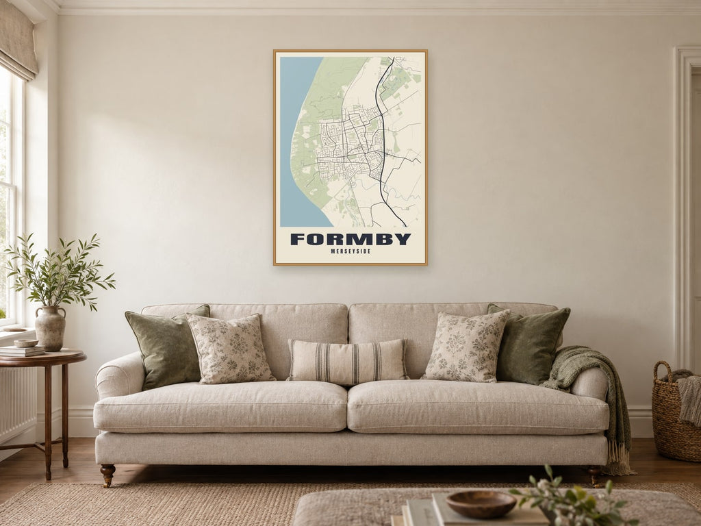 Formby Street Map Poster at A1, in a natural wood frame, in a sitting room