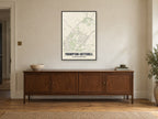 Frampton Cotterell Street Map Poster at A1, in a black frame, above a sideboard