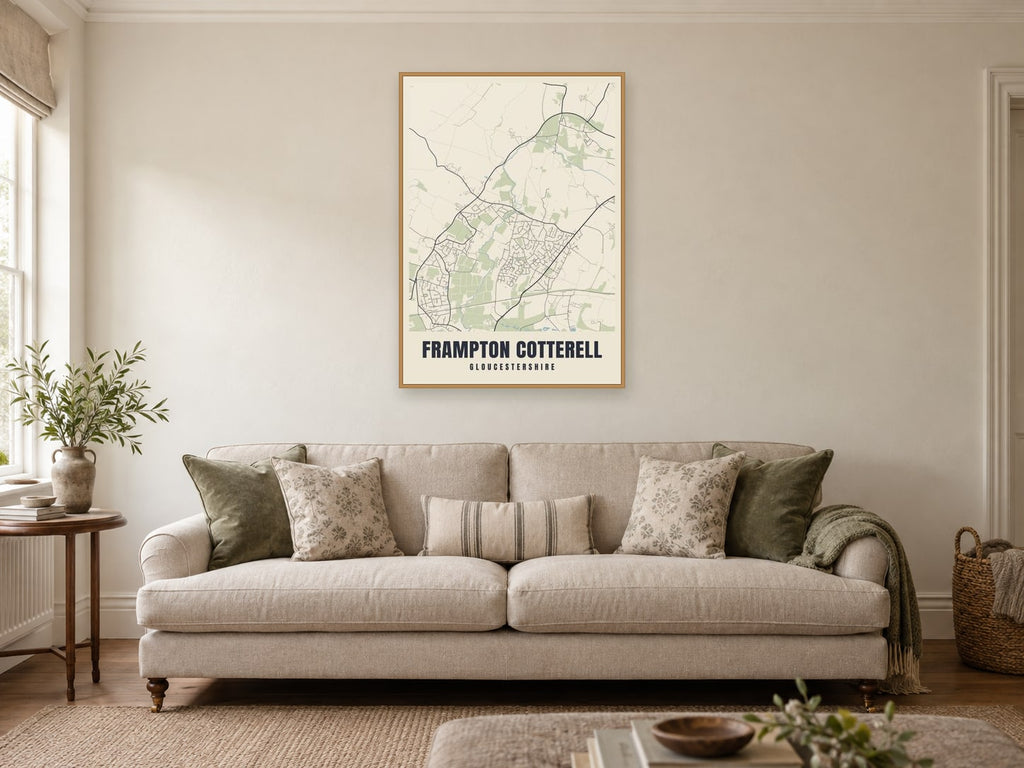 Frampton Cotterell Street Map Poster at A1, in a natural wood frame, in a sitting room