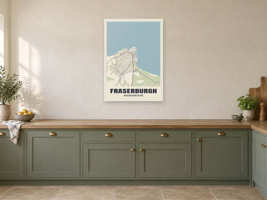 Fraserburgh Street Map Poster at A1, in a white frame, in a kitchen