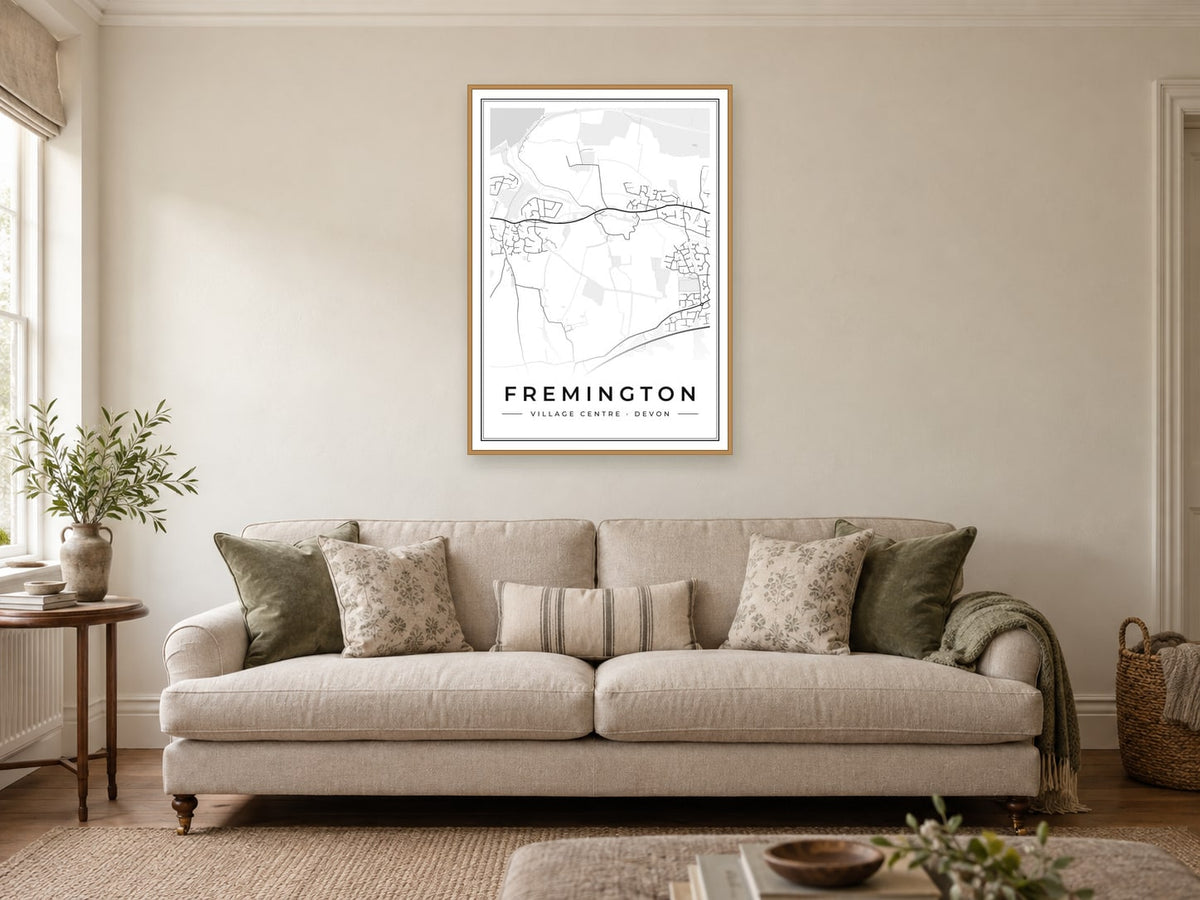 Fremington Village Centre Street Map Poster at A1, in a natural wood frame, in a sitting room