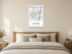 Fresno Downtown Street Map Poster at A1, as a poster, above a bed