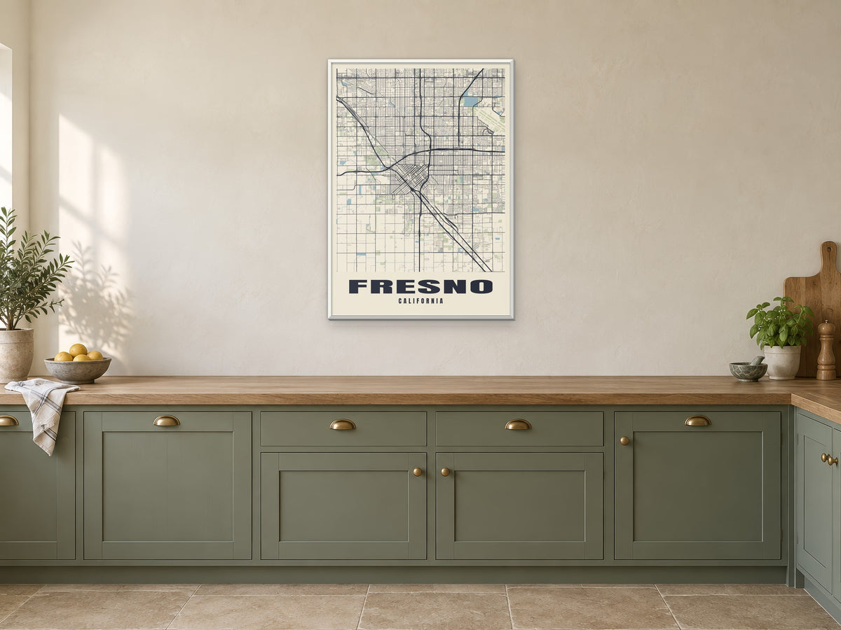 Fresno Street Map Poster at A1, in a white frame, in a kitchen