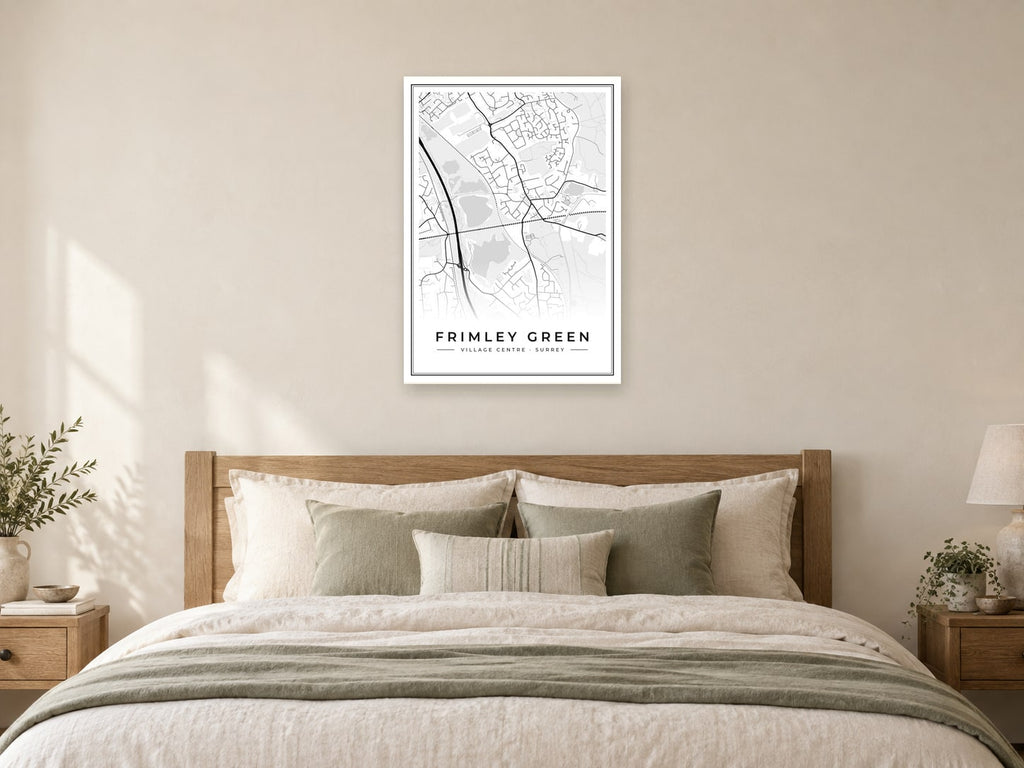 Frimley Green Village Centre Street Map Poster at A1, as a poster, above a bed