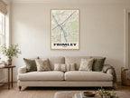 Frimley Street Map Poster at A1, in a natural wood frame, in a sitting room