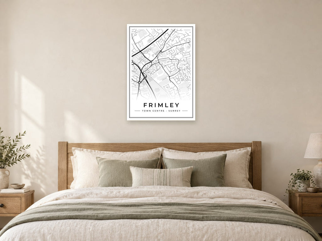 Frimley Town Centre Street Map Poster at A1, as a poster, above a bed