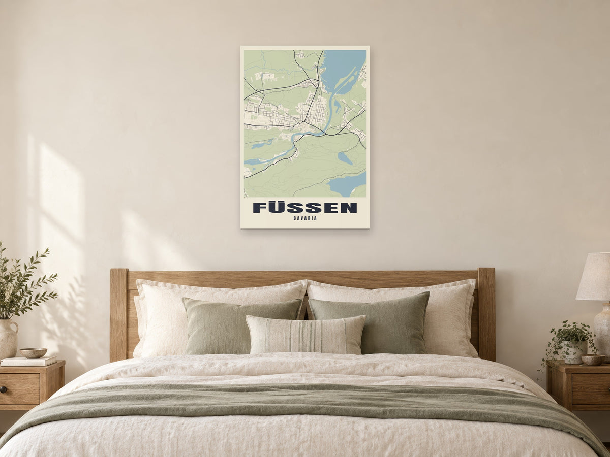 Füssen Street Map Poster at A1, as a poster, above a bed