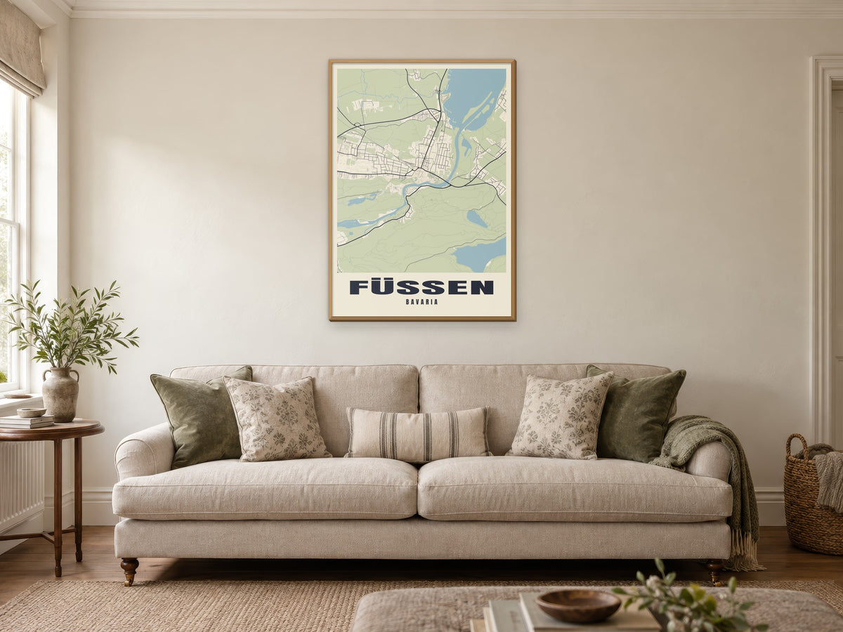 Füssen Street Map Poster at A1, in a natural wood frame, in a sitting room