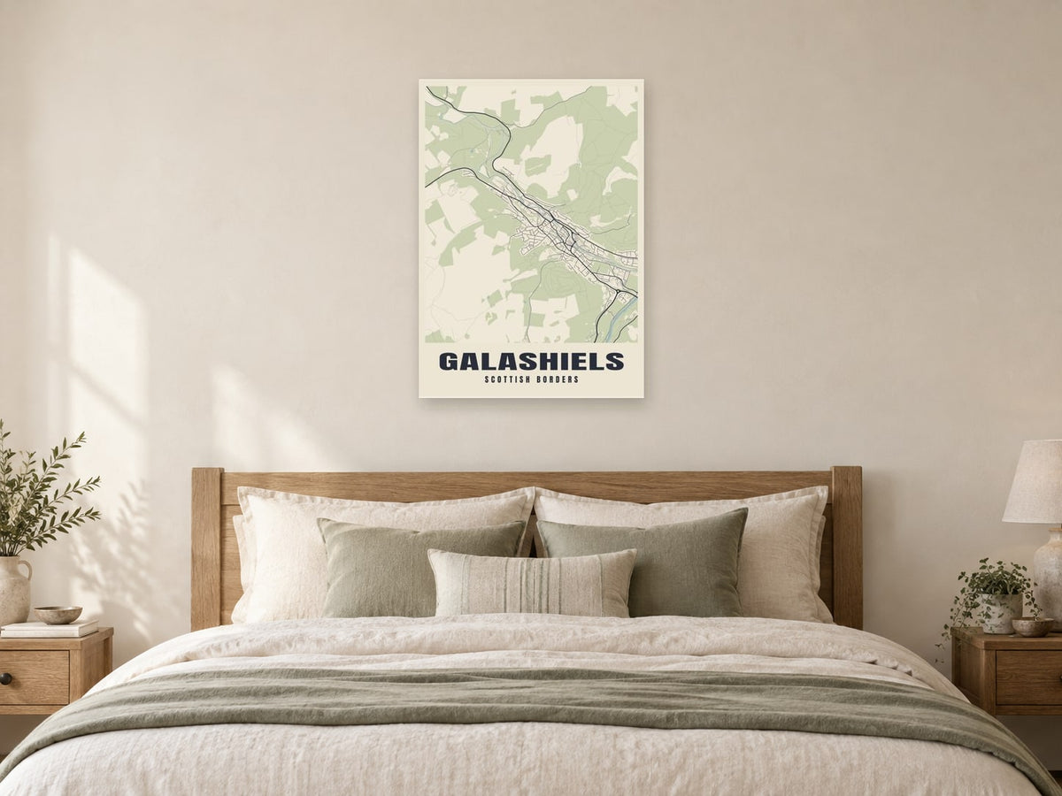 Galashiels Street Map Poster at A1, as a poster, above a bed