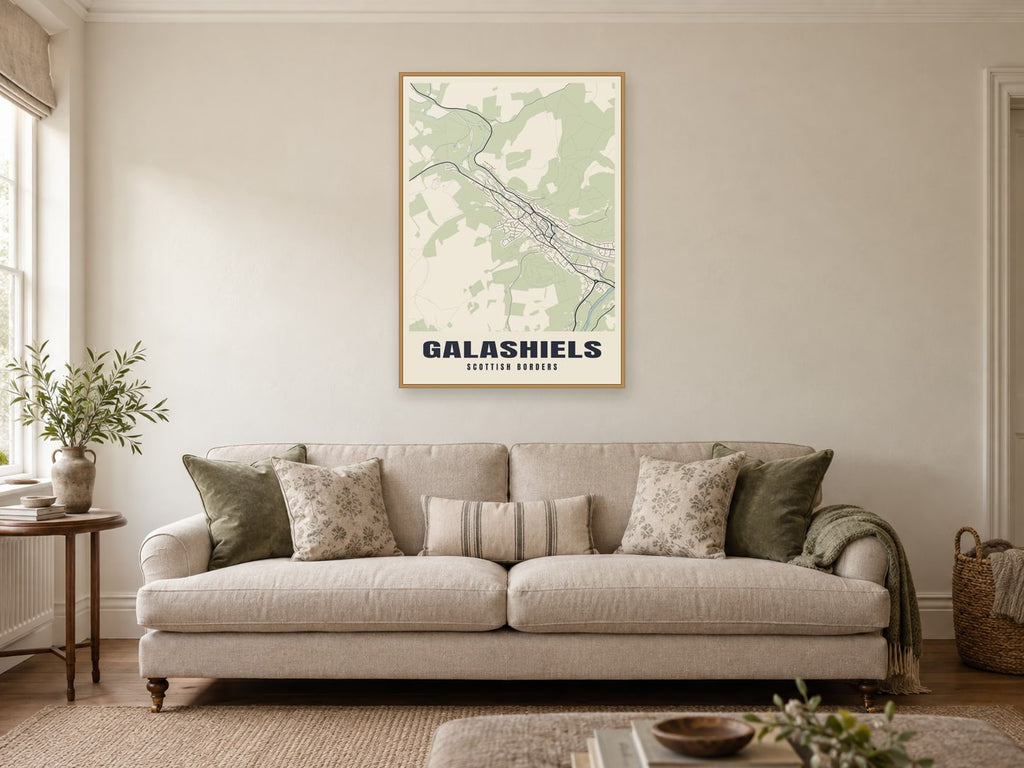 Galashiels Street Map Poster at A1, in a natural wood frame, in a sitting room