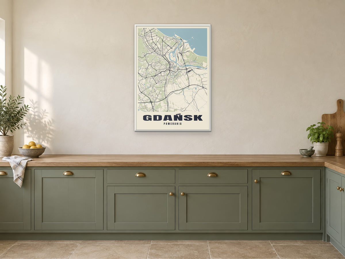 Gdańsk Street Map Poster at A1, in a white frame, in a kitchen