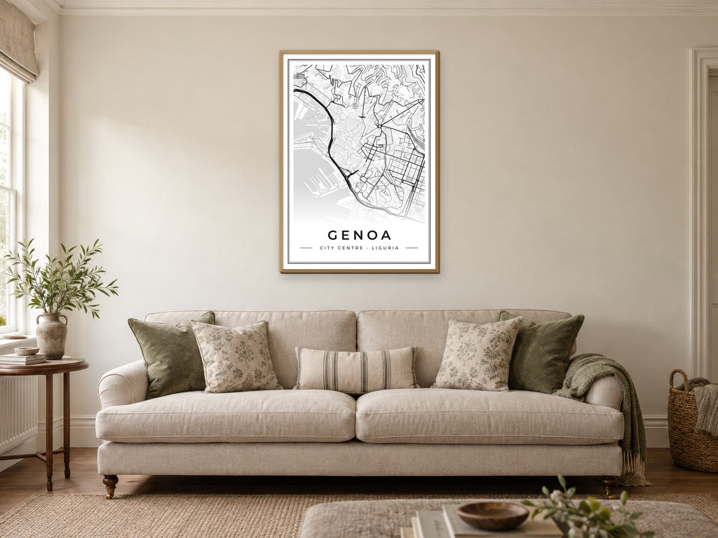 Genoa City Centre Street Map Poster at A1, in a natural wood frame, in a sitting room