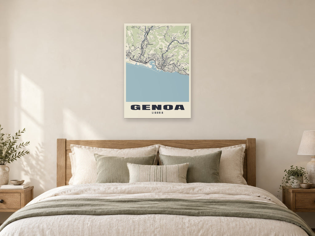 Genoa Street Map Poster at A1, as a poster, above a bed