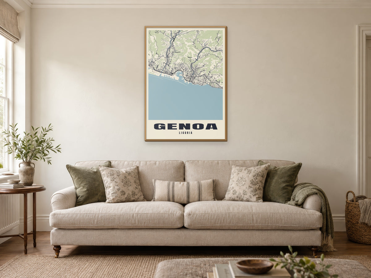 Genoa Street Map Poster at A1, in a natural wood frame, in a sitting room