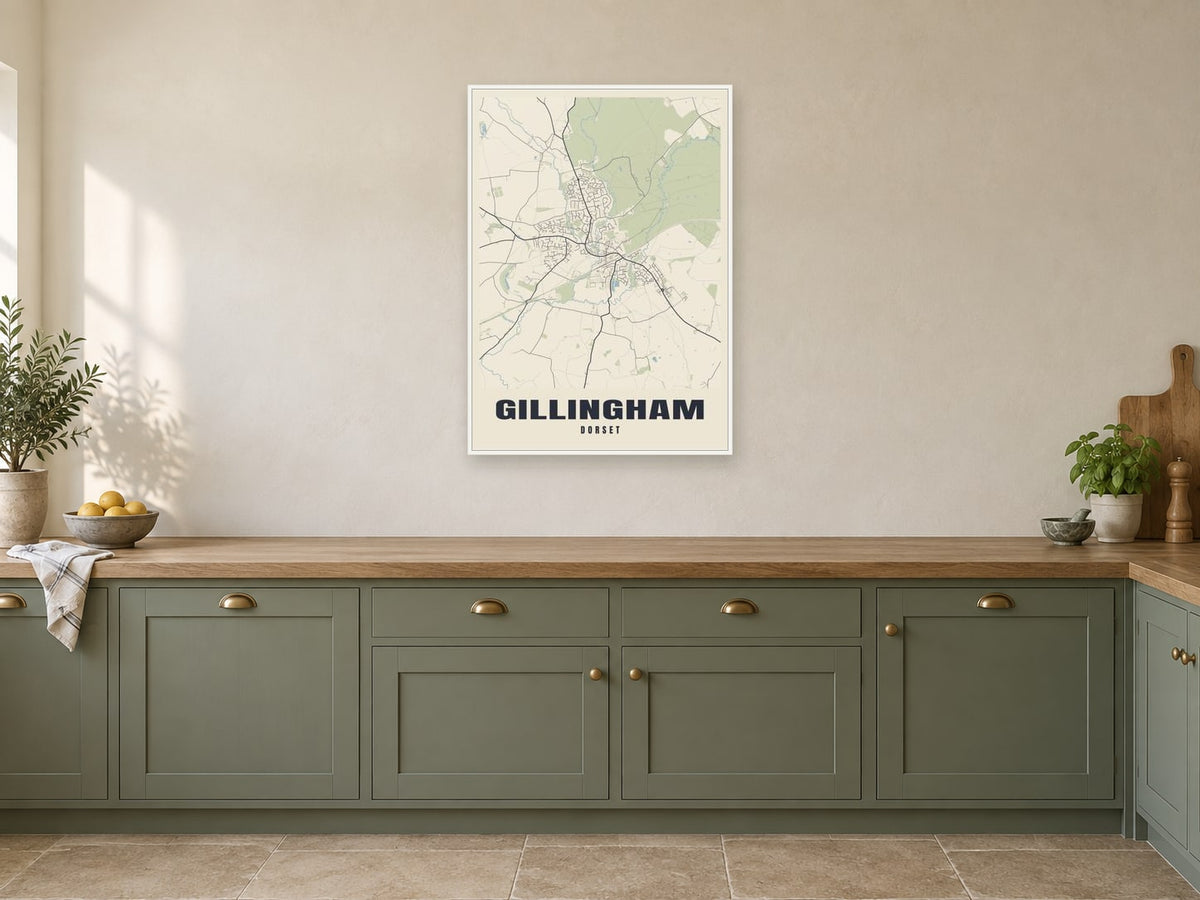 Gillingham Street Map Poster at A1, in a white frame, in a kitchen
