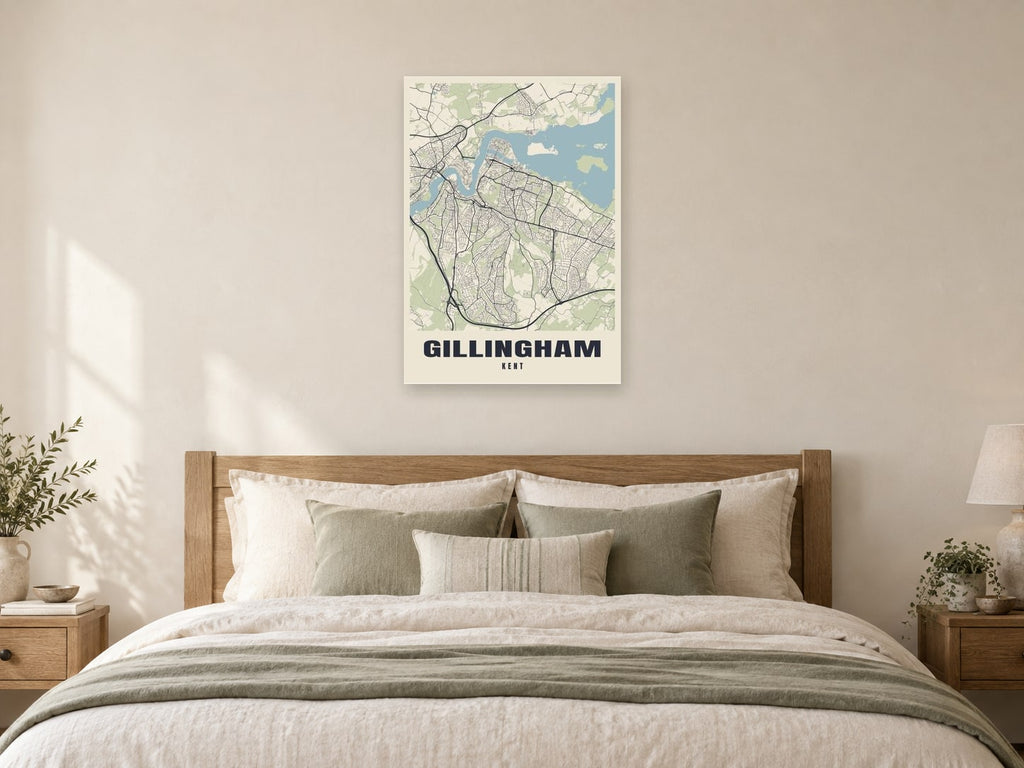 Gillingham Street Map Poster at A1, as a poster, above a bed