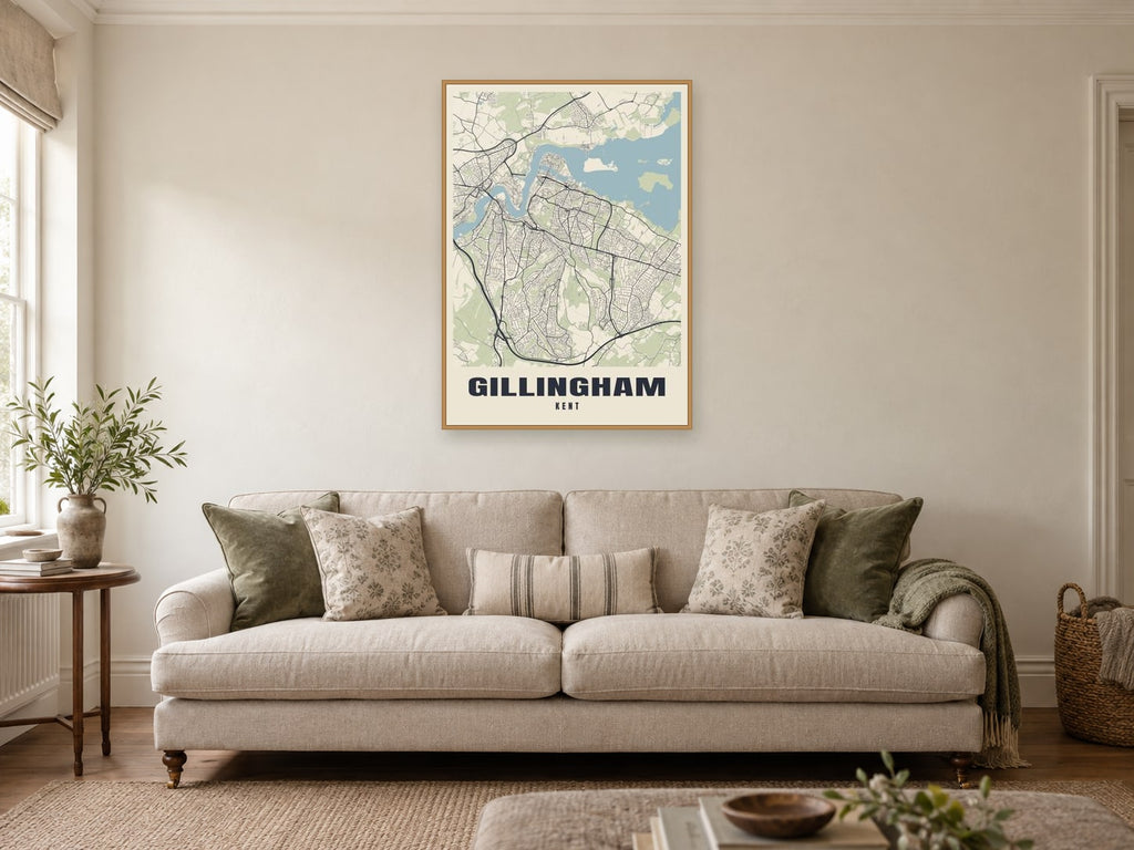 Gillingham Street Map Poster at A1, in a natural wood frame, in a sitting room