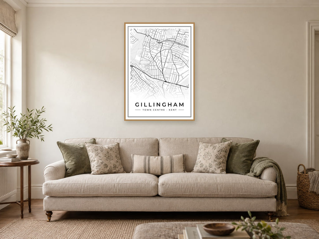 Gillingham Town Centre Street Map Poster at A1, in a natural wood frame, in a sitting room