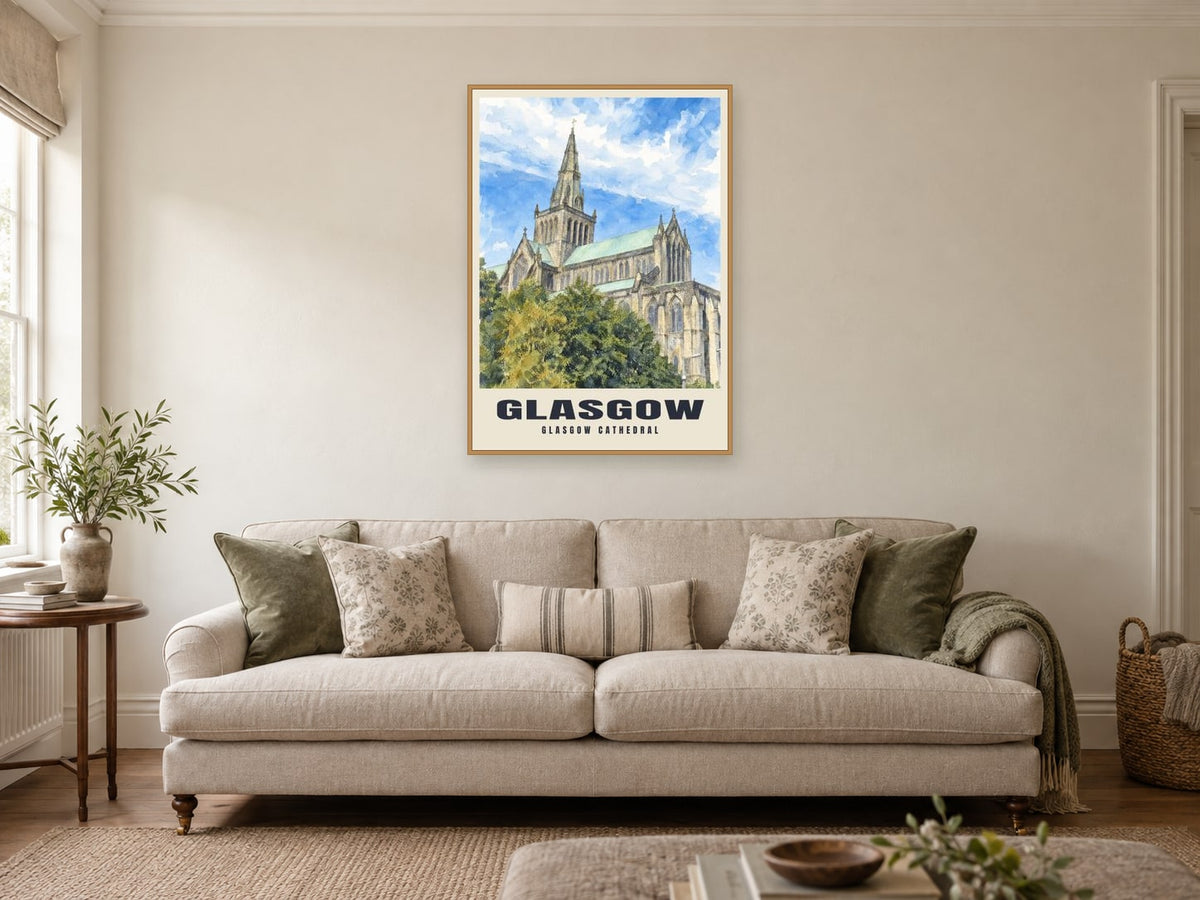 Glasgow Cathedral Poster at A1, in a natural wood frame, in a sitting room