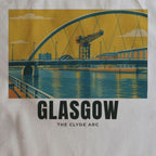 Close-up of the The Clyde Arc, Glasgow drawing and lettering printed on natural cotton