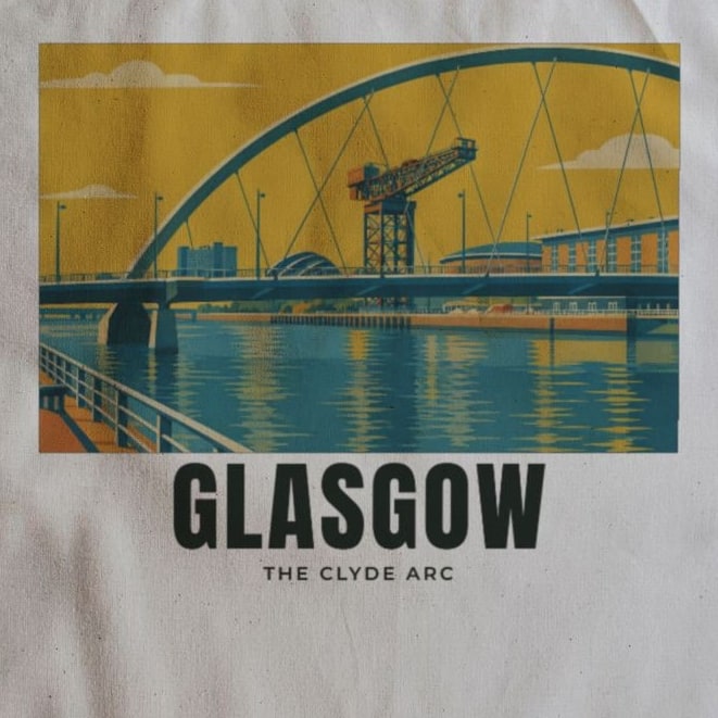 Close-up of the The Clyde Arc, Glasgow drawing and lettering printed on natural cotton