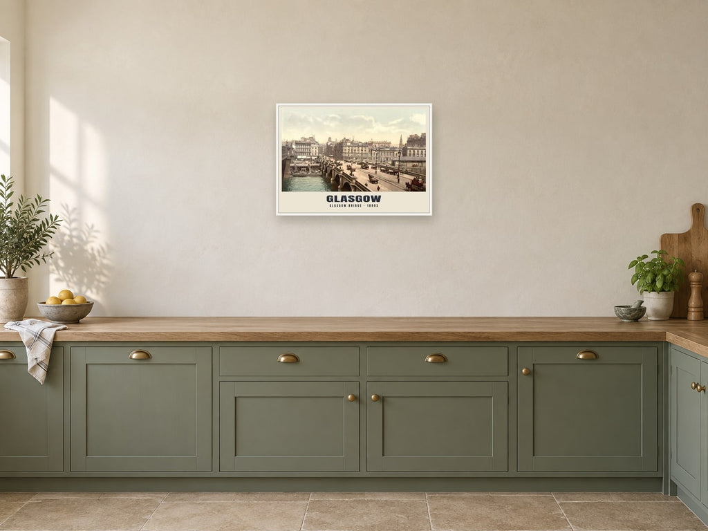 Glasgow Bridge, 1890s Heritage Print at A2, in a white frame, in a kitchen