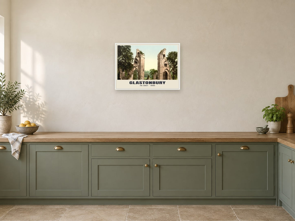 The Abbey, Glastonbury, 1890s Heritage Print at A2, in a white frame, in a kitchen