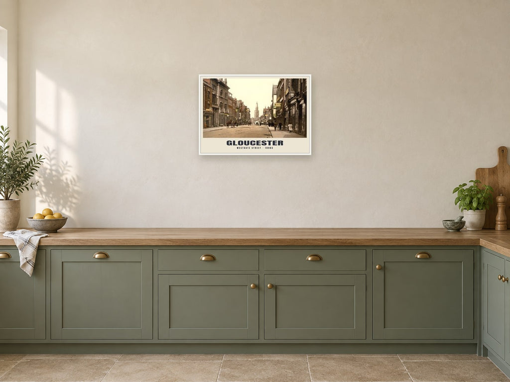 Westgate Street, Gloucester, 1890s Heritage Print at A2, in a white frame, in a kitchen