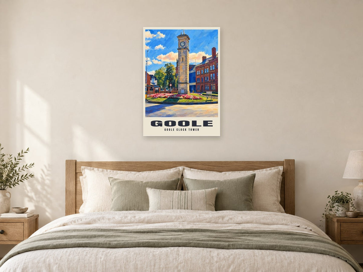 Goole Clock Tower Poster at A1, as a poster, above a bed