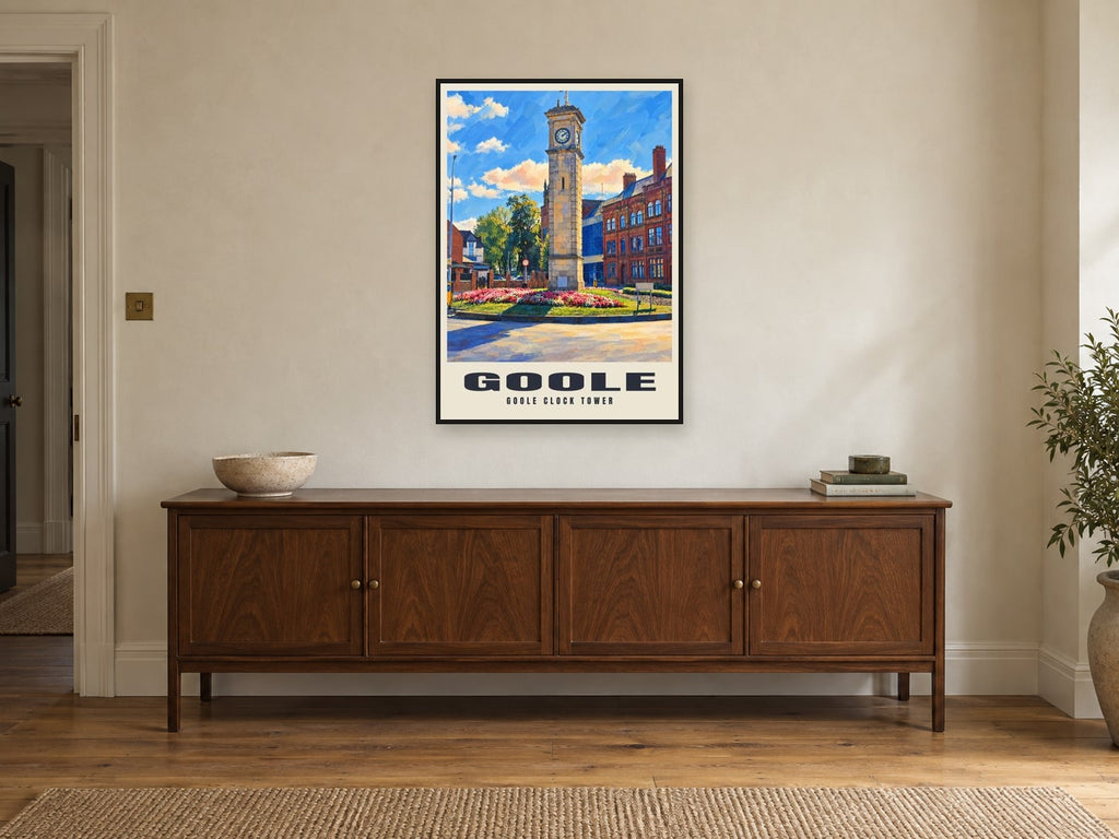 Goole Clock Tower Poster at A1, in a black frame, above a sideboard