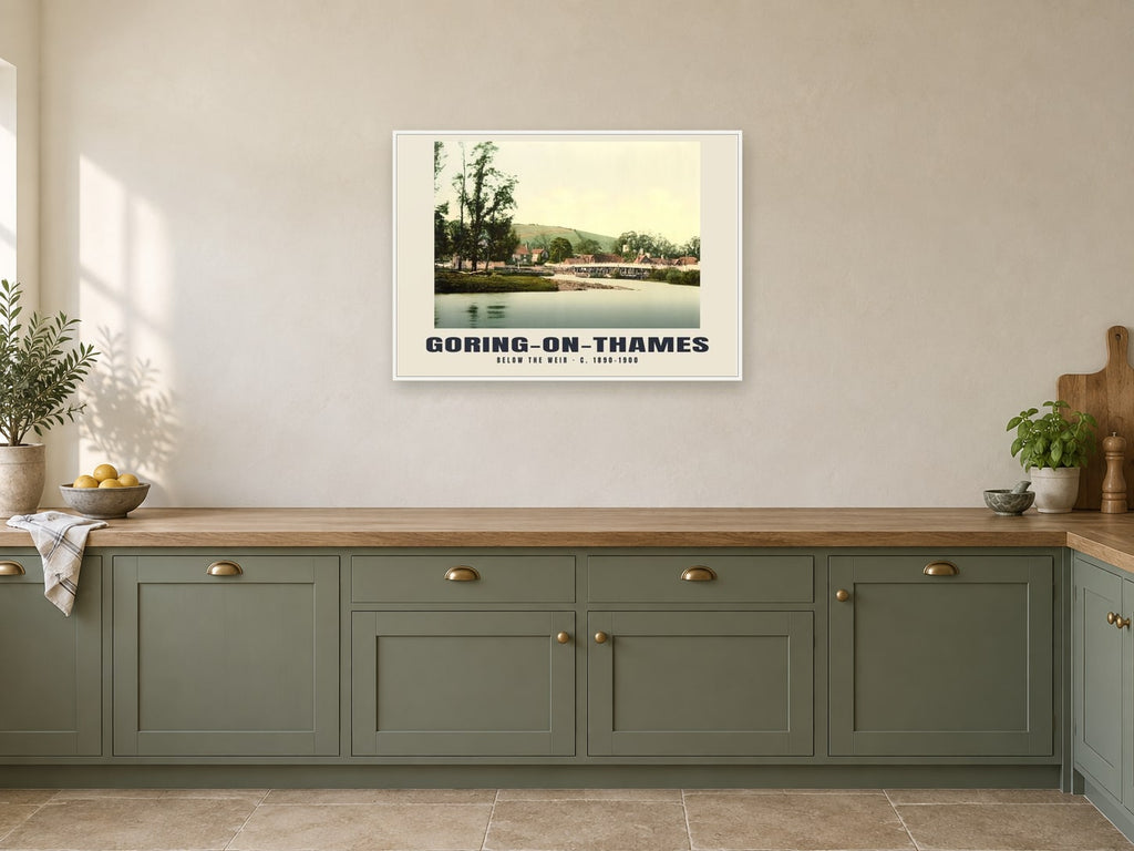 Below the weir, Goring-on-Thames, c. 1890–1900 Heritage Print at A1, in a white frame, in a kitchen