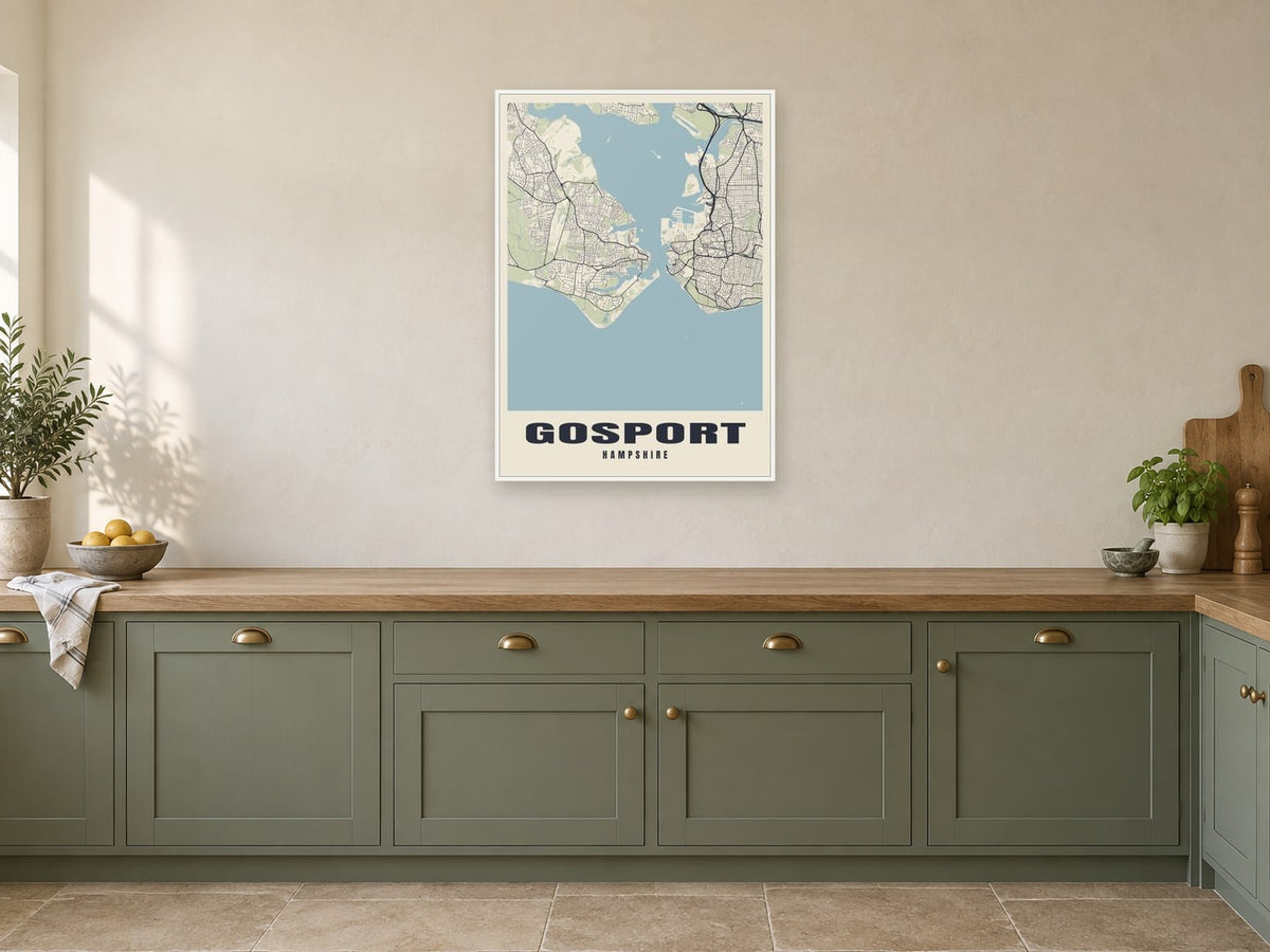 Gosport Street Map Poster at A1, in a white frame, in a kitchen