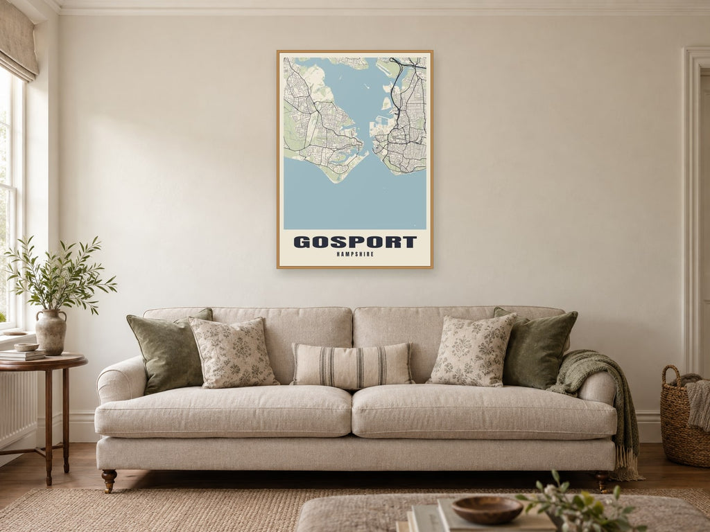 Gosport Street Map Poster at A1, in a natural wood frame, in a sitting room