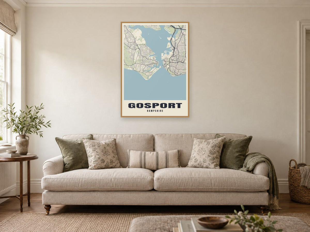 Gosport Street Map Poster at A1, in a natural wood frame, in a sitting room